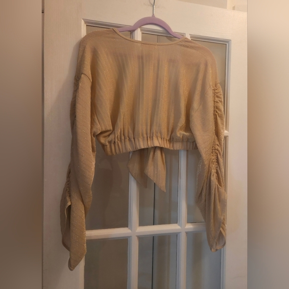 Ramy Brook Alegria Layering Blouse W/ Ruched Sleeves & Cinched Waist- Gold Shim - Picture 5 of 6